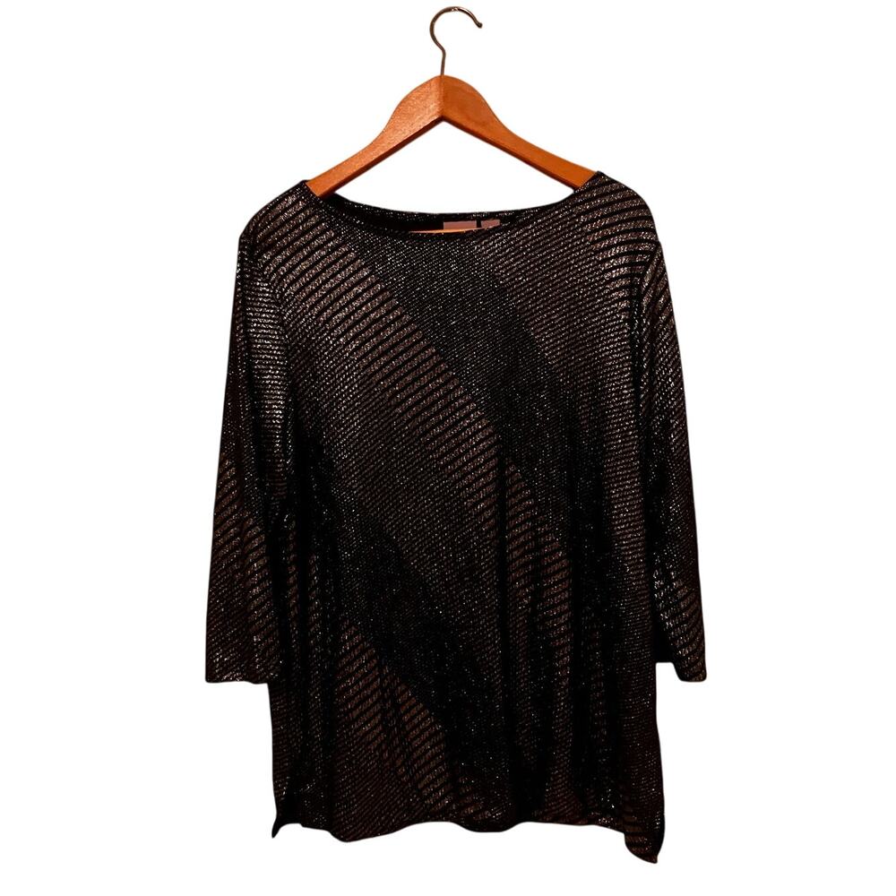 CHICO'S Sz 2 Large Women's Top Blouse Silver Black Holiday